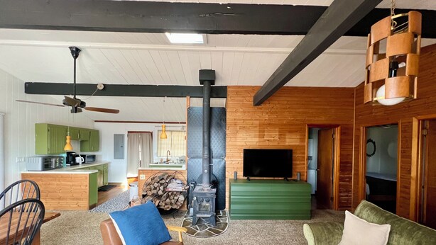A living room with a green sofa, a brown leather chair, a wooden coffee table, a TV, a fireplace, and a kitchen area with green cabinets. - Charming Mid-Century Cabin - Warm, Cozy & Scenic (Fort Loudon)