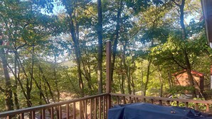 A wooden deck with a grill cover labeled "BLACKSTONE" and a view of a forested area. - Charming Mid-Century Cabin - Warm, Cozy & Scenic (Fort Loudon)