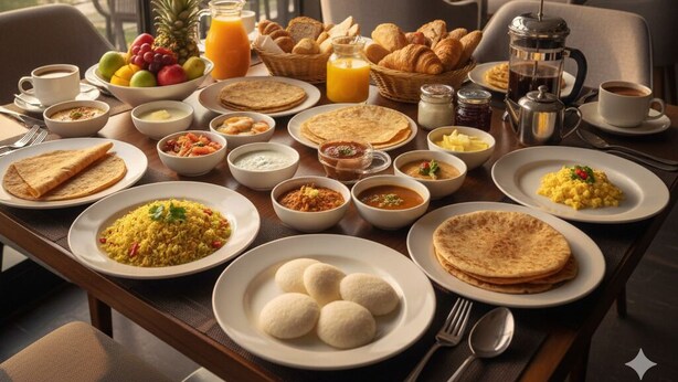 A breakfast buffet with various dishes, including flatbreads, curries, and fruits, in a room with large windows and a view of the outdoors. - Hotel Anand Regency Riverfront (Dhule)