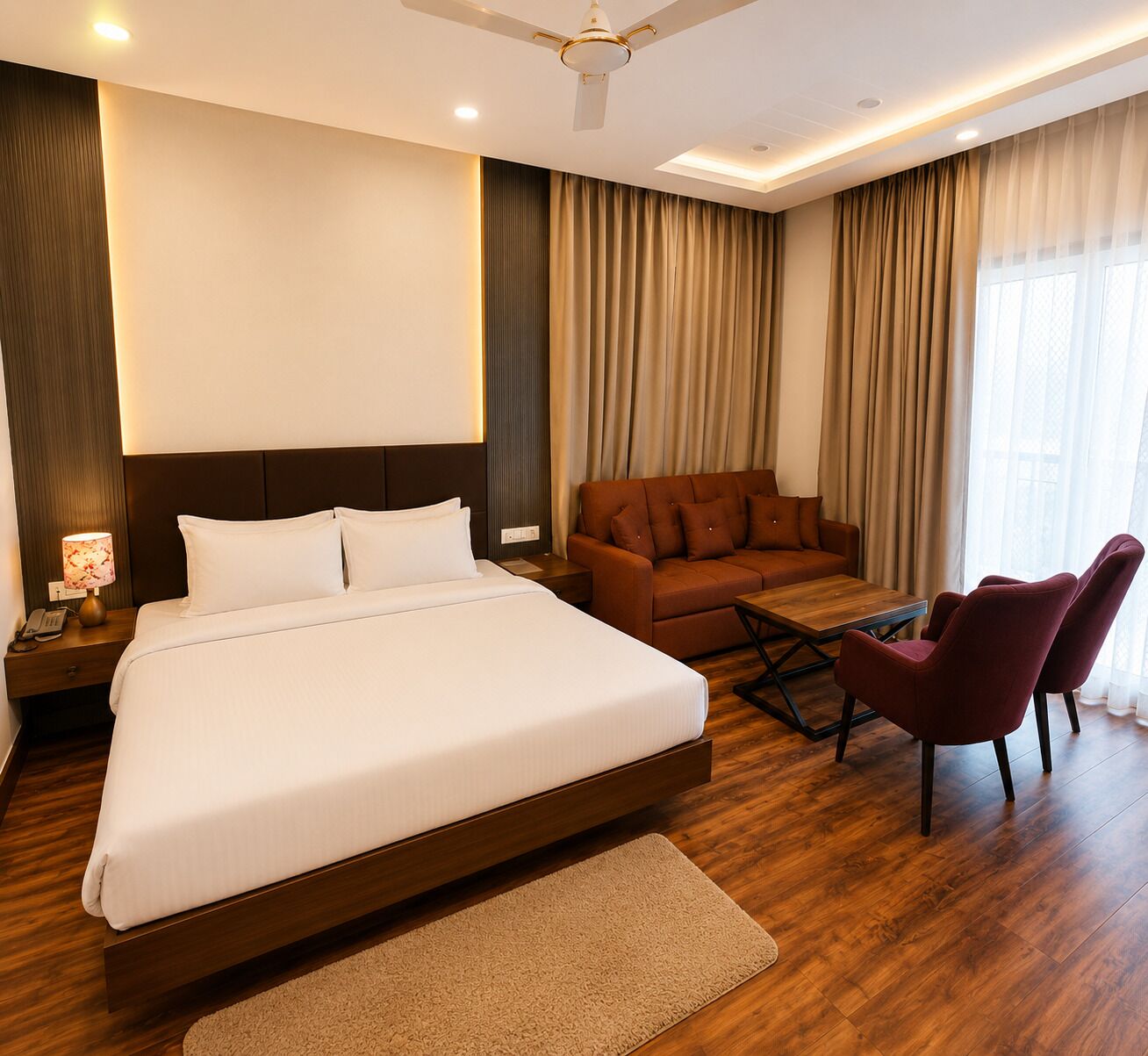 A hotel room with a large bed, a sofa, two armchairs, a coffee table, a lamp, and a ceiling fan.