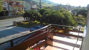 Un balcon avec une balustrade en bois, un pot de fleurs, et une vue sur une rue résidentielle bordée de maisons et de verdure.