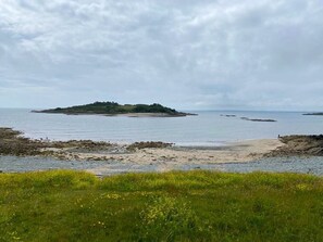 A coastal landscape with a grassy foreground, a sandy beach, and a small island in the distance.