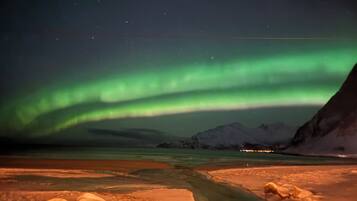 A snowy landscape with a river flowing through it, under a night sky with the aurora borealis.