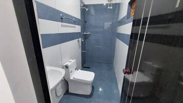 Regadera, toallas, jabón, papel de baño