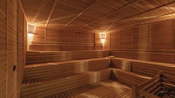 A sauna with wooden benches and walls, and two wall-mounted light fixtures.