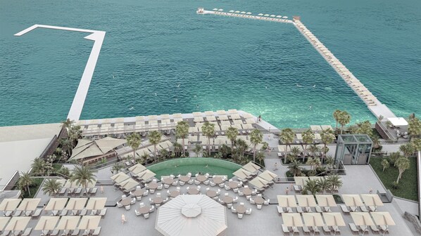 Sun-loungers, beach umbrellas, beach towels