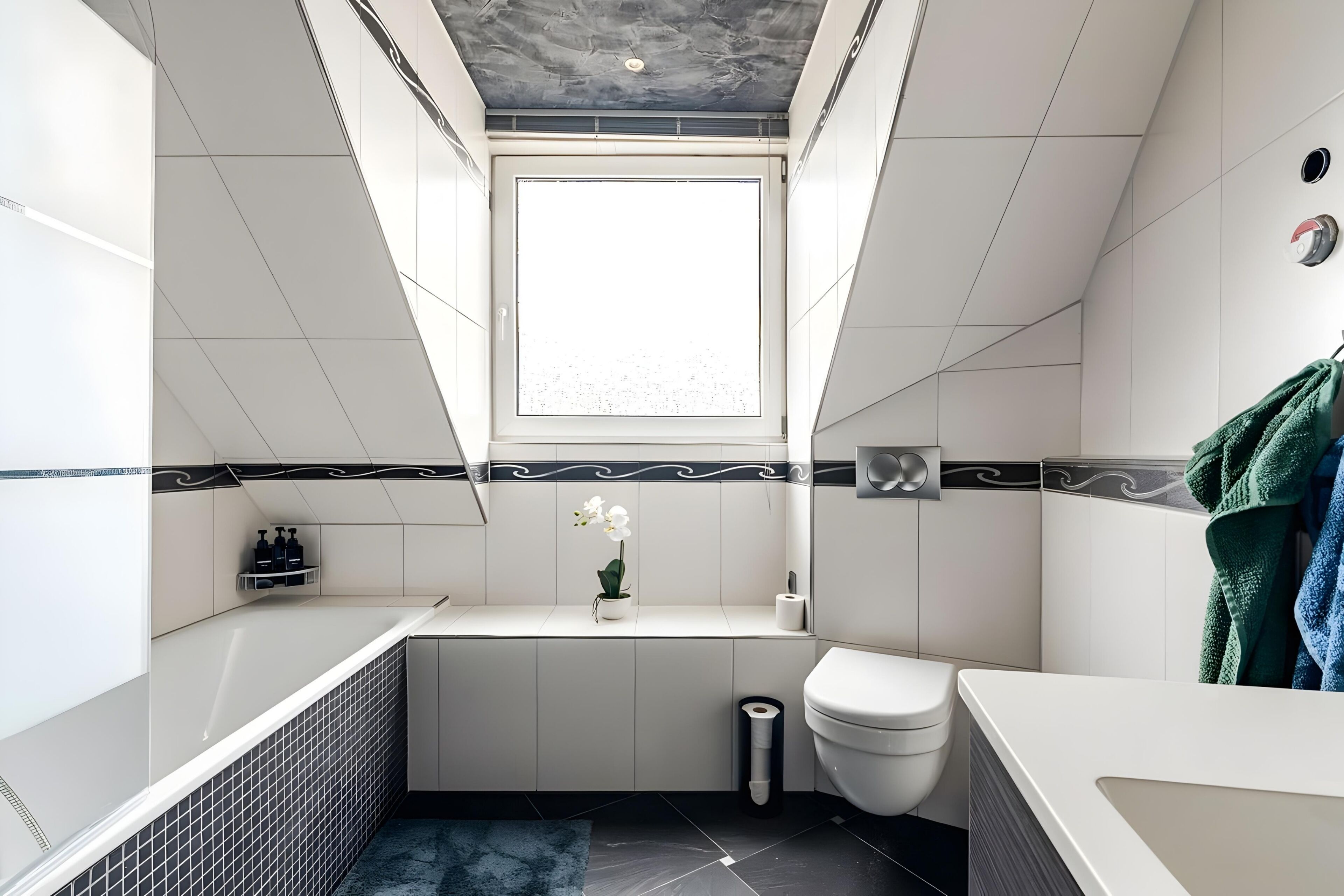A modern bathroom with a skylight, white tiles, a small sink, and a toilet.