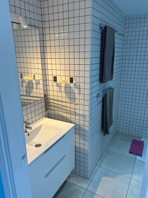 Shower, hair dryer, towels