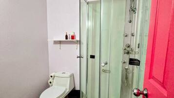 Une salle de bain avec une douche à parois de verre, des toilettes et un lavabo.