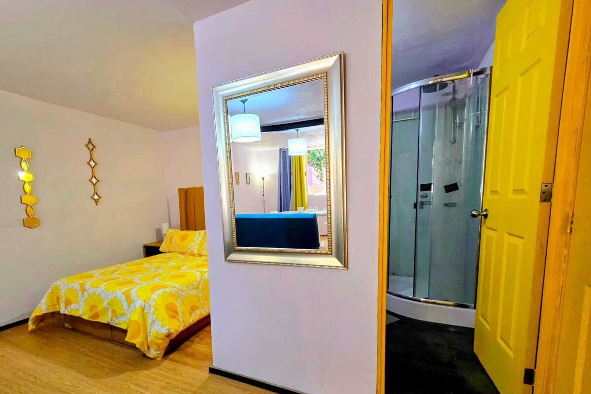 A hotel room with a bed, a large mirror, a wardrobe, and a door leading to a bathroom.