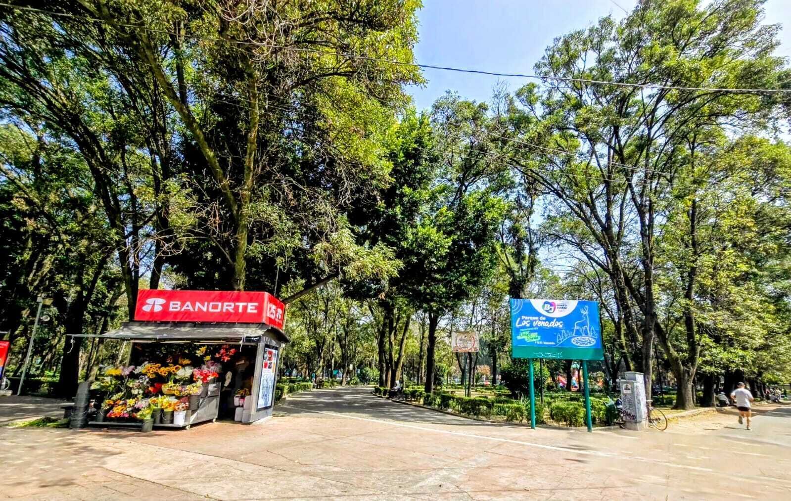 A street with a flower stand and a sign for Parque de Los Venados.
