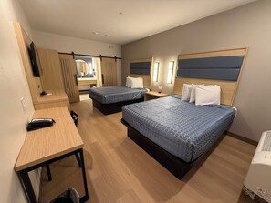 Desk, laptop workspace, blackout curtains, soundproofing - Palace Inn Blue 290 W 43rd & Bingle Rd (Houston)