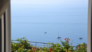 A view of the sea with several boats, a railing, and some greenery in the foreground. - Spacious 5-bedroom in Positano center, on 2 floor,2 terraces overlooking the sea (Positano)