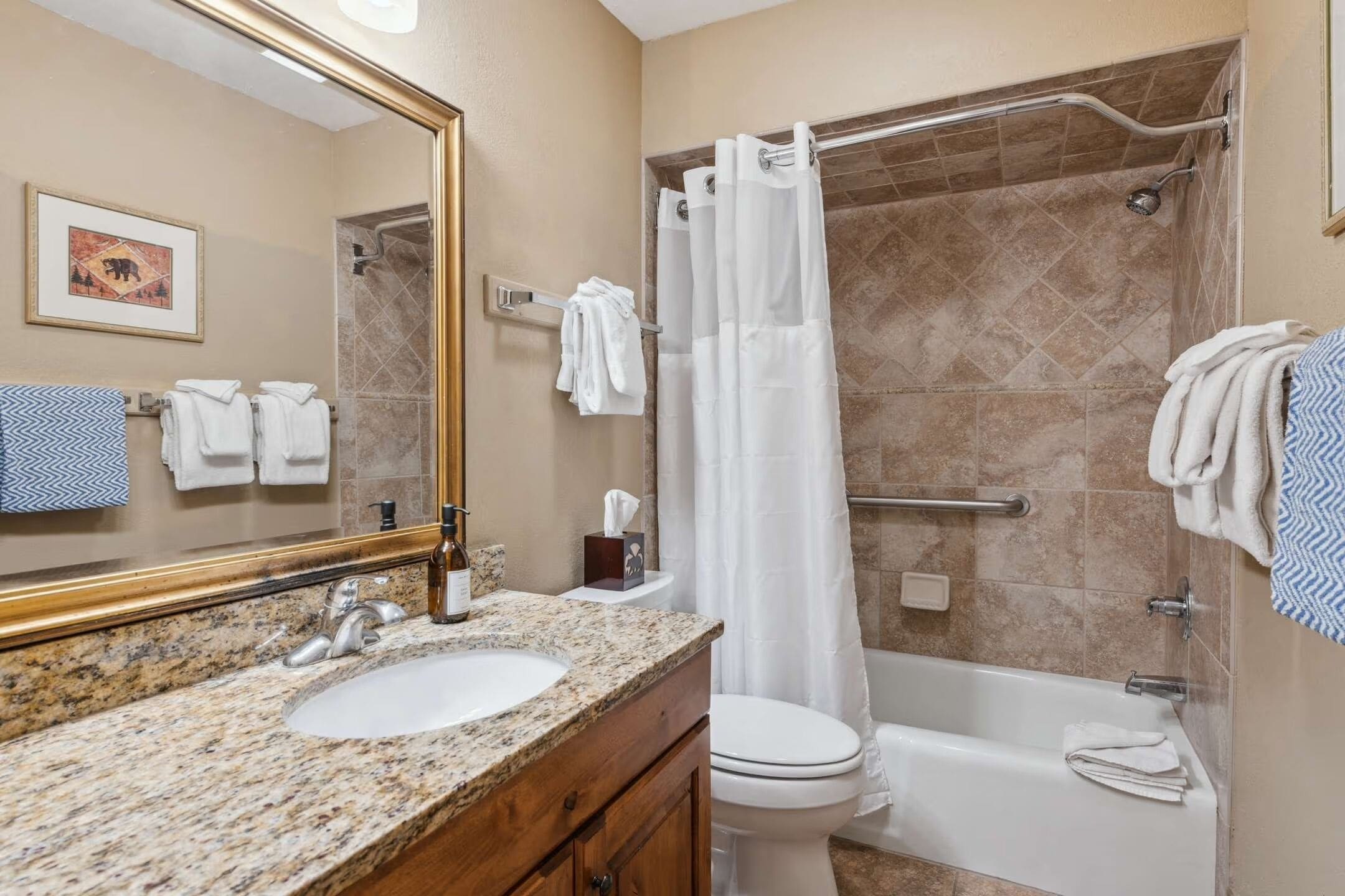 Hair dryer, towels, soap, shampoo