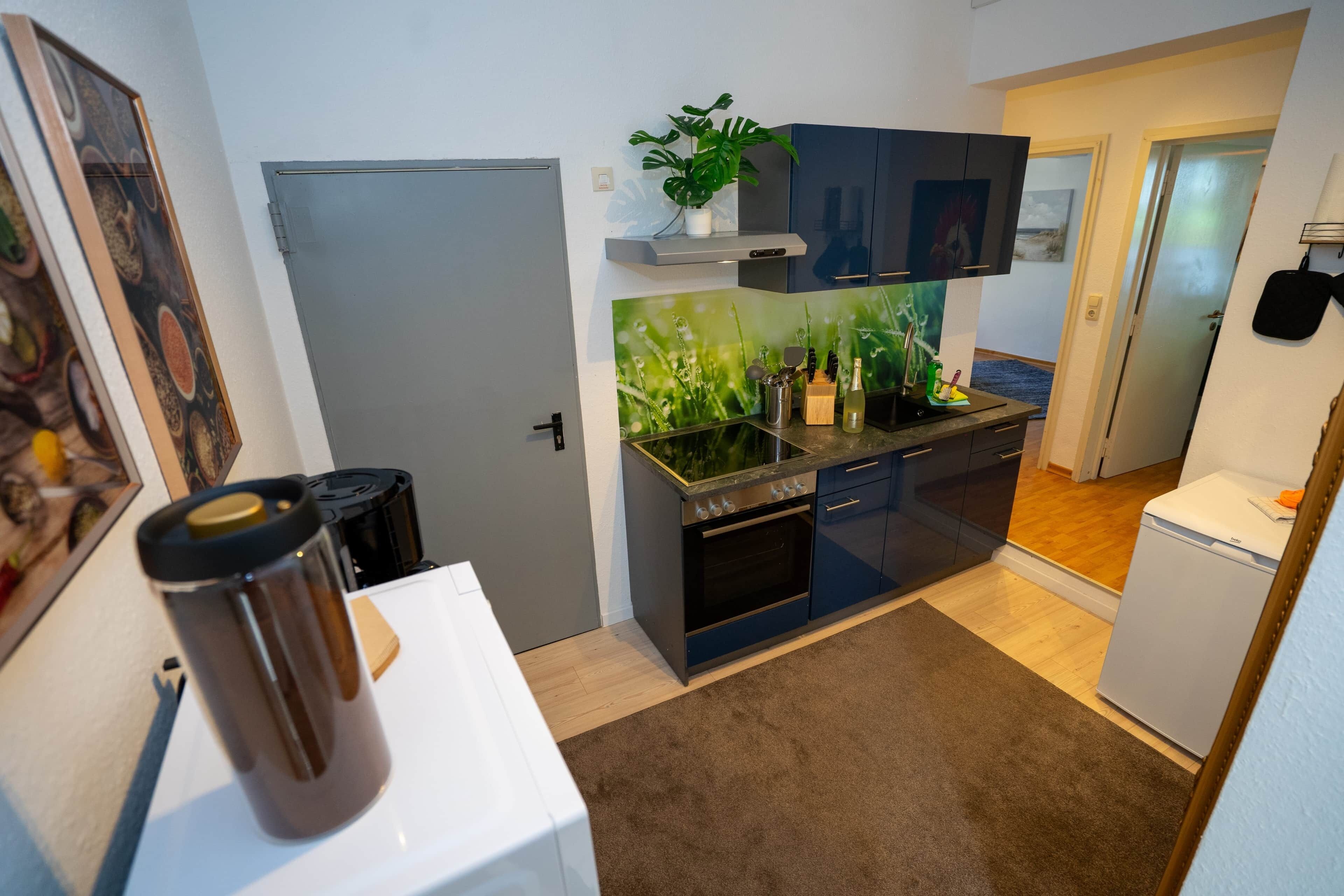 Fridge, stovetop, electric kettle, blender