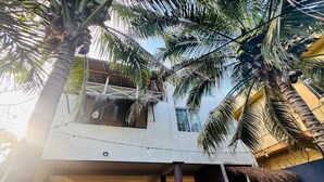 Ein modernes Gebäude mit Betonfassade, großen Fenstern und einer überdachten Außenfläche mit Palmen.