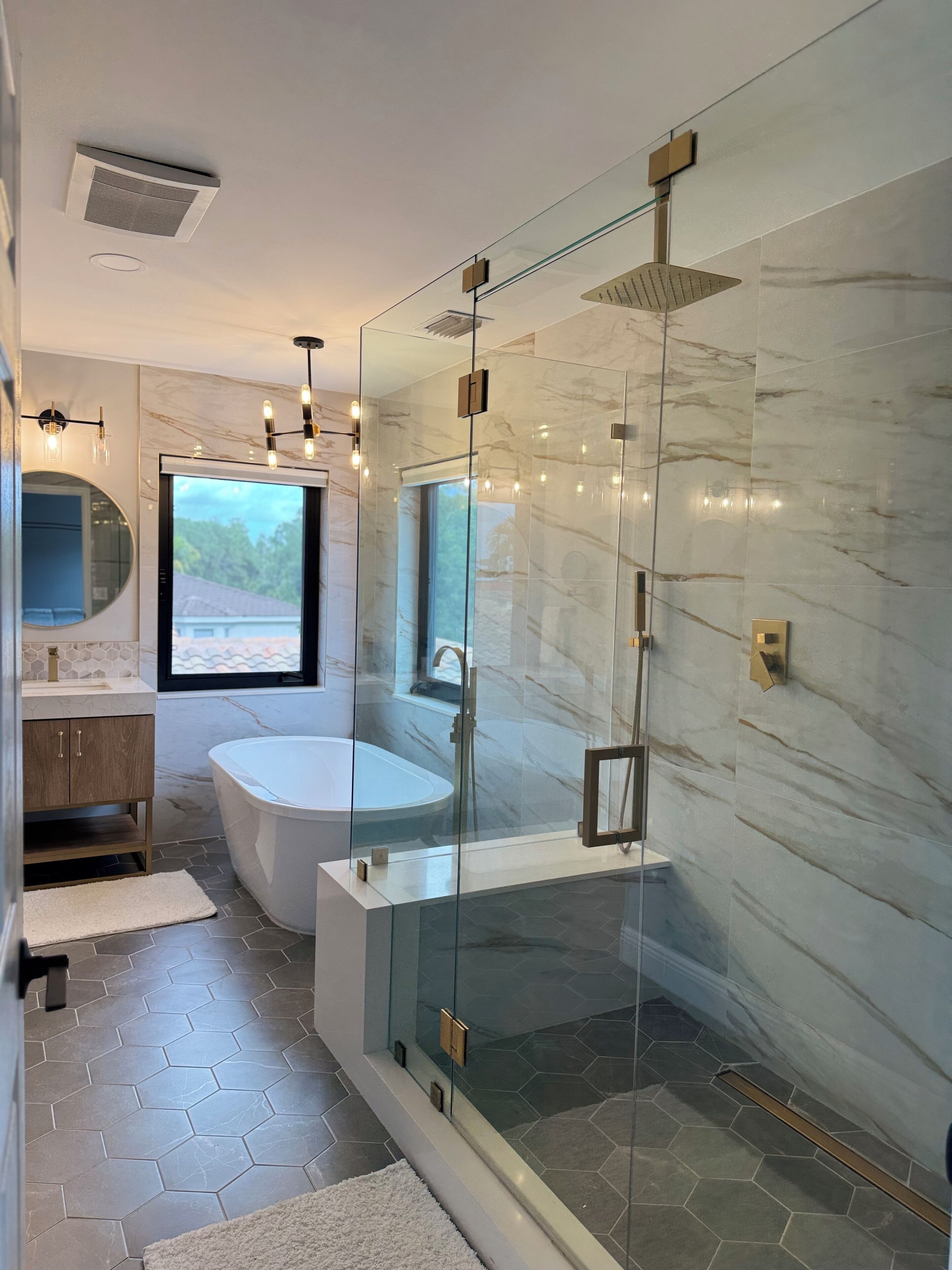 Shower, hair dryer, towels, toilet paper