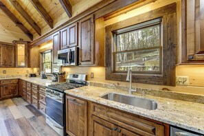 Fridge, microwave, stovetop, dishwasher - Riverfront Cabin w/ Mtn Views in Robbinsville (Robbinsville)