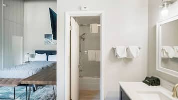 Hair dryer, towels, soap, shampoo