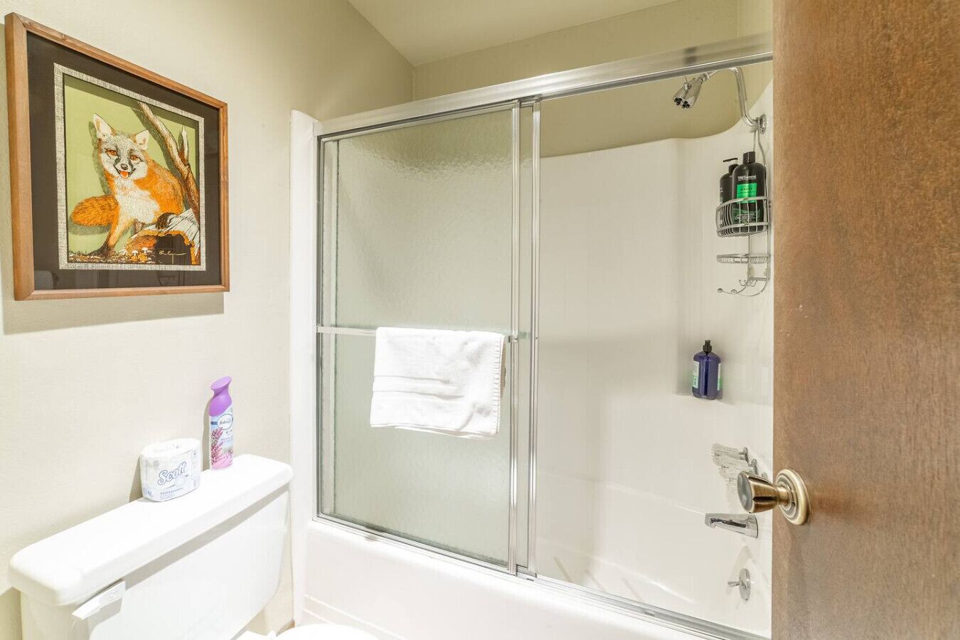 Une salle de bain avec une douche à parois de verre, une serviette blanche accrochée à la porte et des articles de toilette fixés au mur.