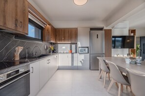 Villa, 3 Bedrooms, Private Pool, Mountain View | Private kitchen | Microwave, coffee/tea maker, highchair - Dina Villa (Mylopotamos)