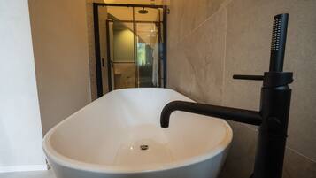 Shower, hair dryer, bidet, towels