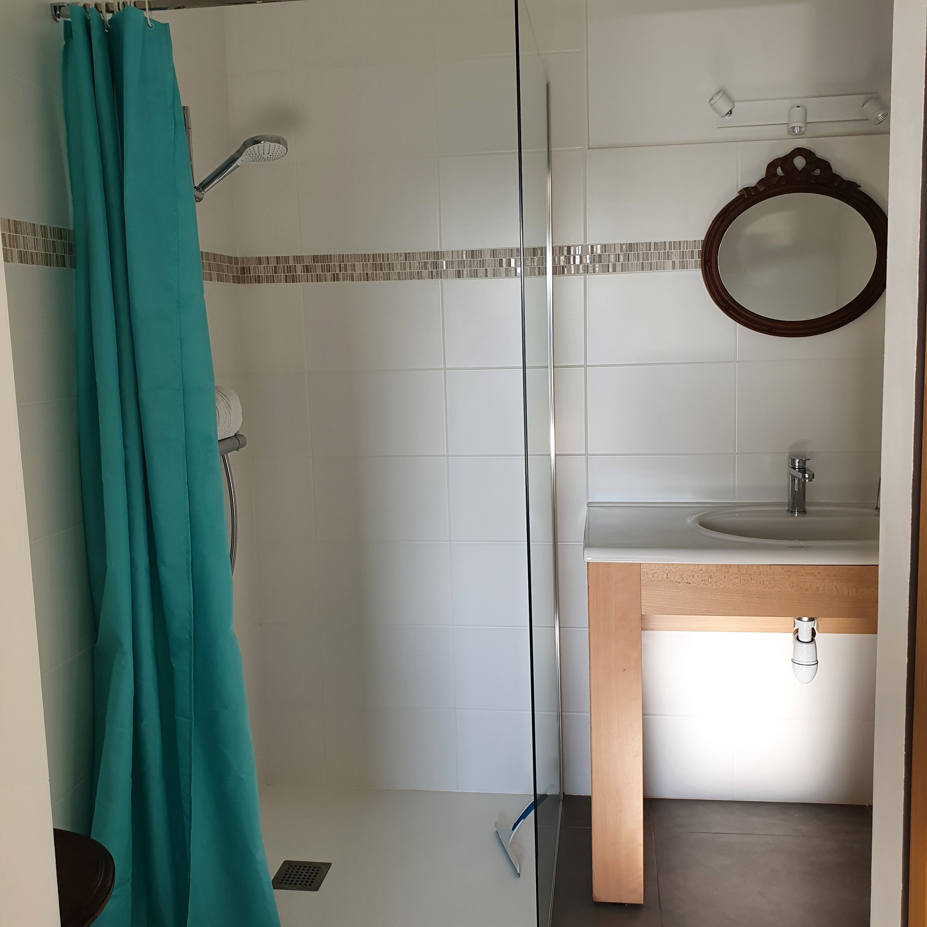 Ein Badezimmer mit Dusche, Waschbecken und Spiegel.