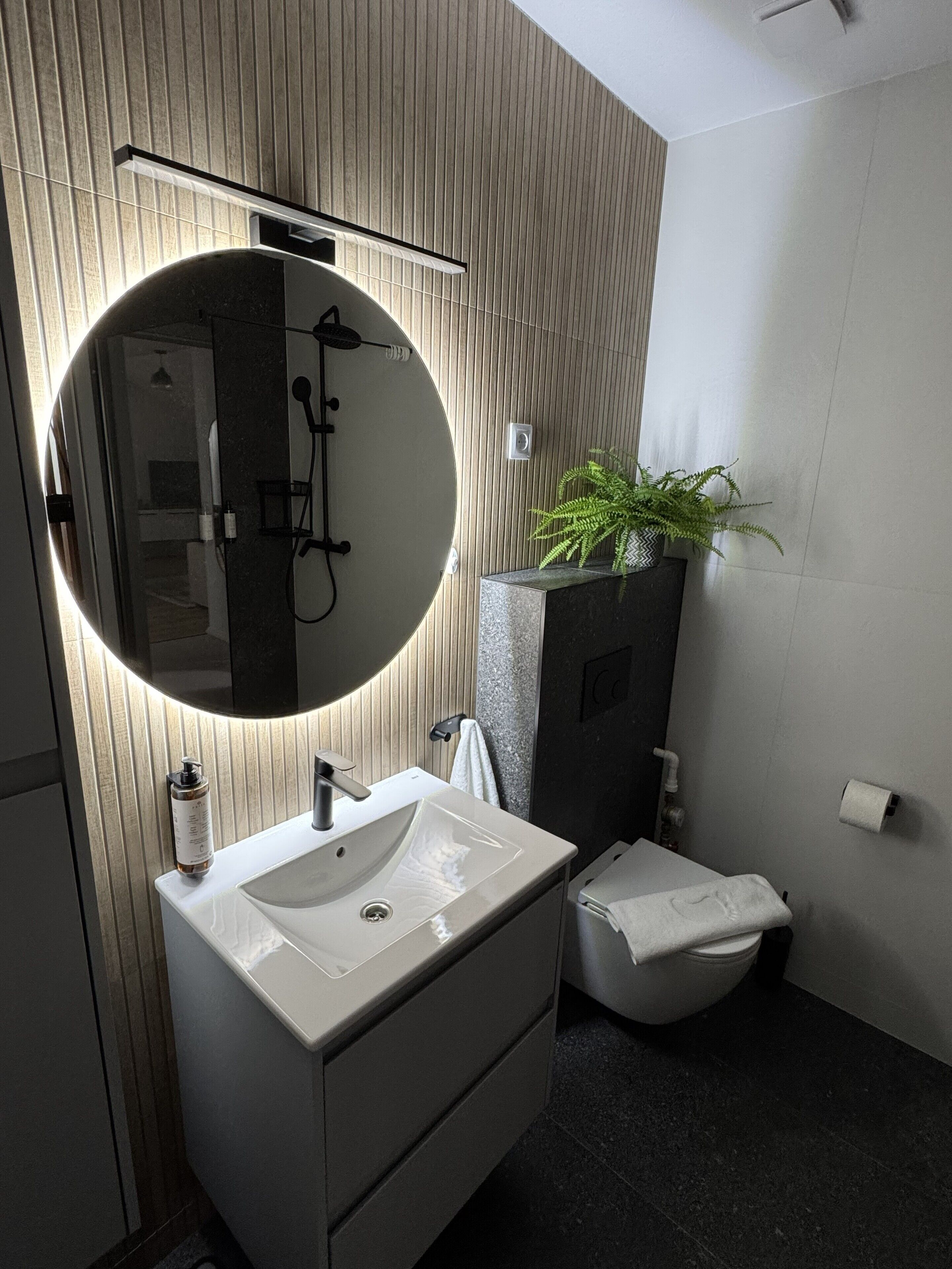 Secador de pelo, toallas, jabón y champú