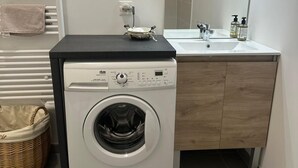 A compact laundry room with a front-loading washing machine, a sink, and a mirror. - Cosy nest in pont l'évêque (pont l eveque)