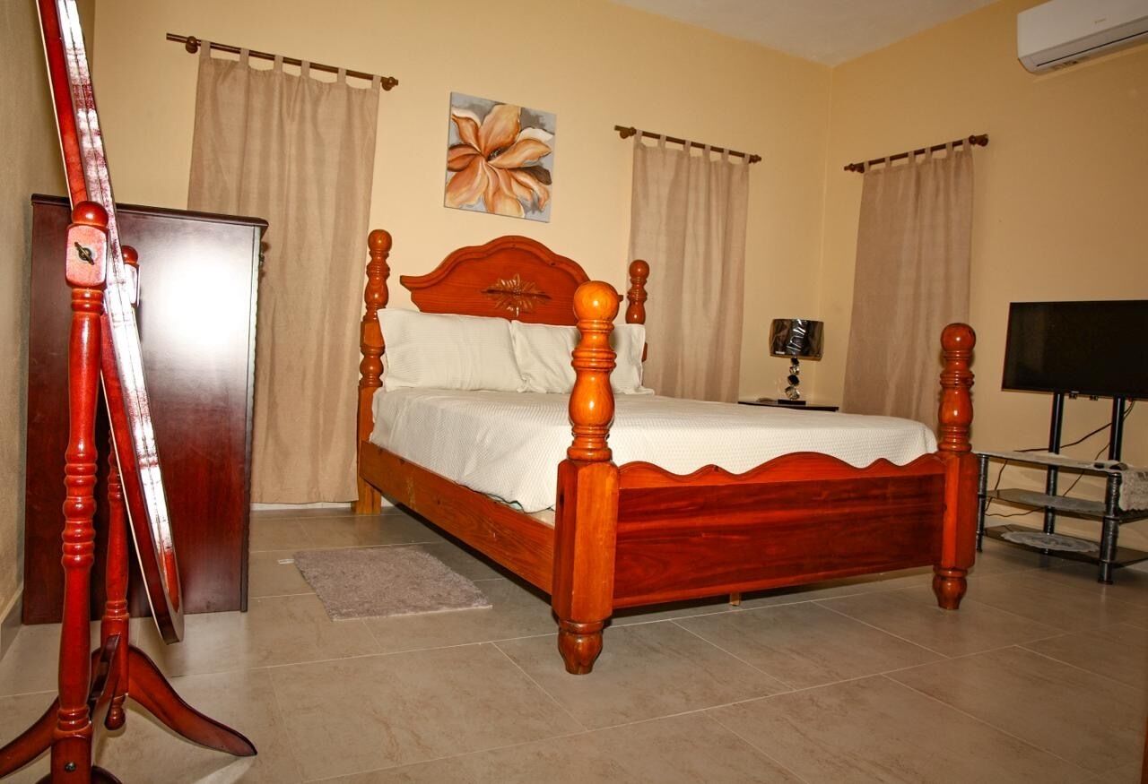 A bedroom with a wooden bed, a television, and a desk.
