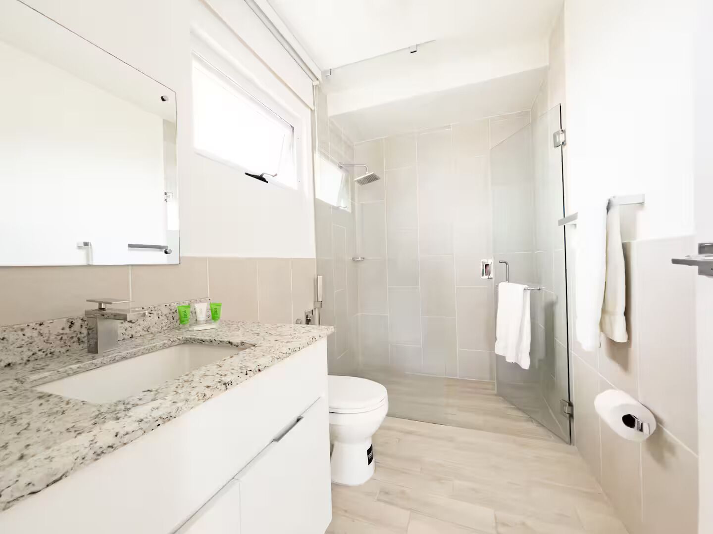 Chuveiro, secador de cabelo, toalhas de banho, sabonete
