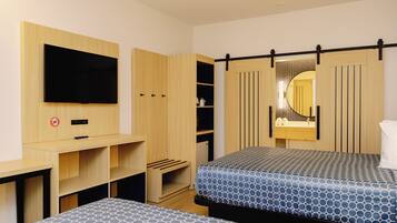 Memory foam beds, desk, laptop workspace, blackout drapes