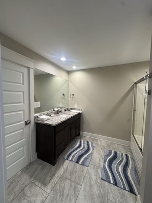 Hair dryer, towels, soap, shampoo