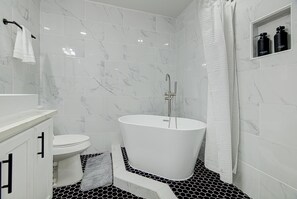 Hair dryer, towels, soap, shampoo