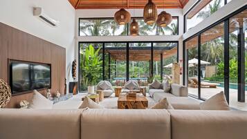 Senior Villa, 4 Bedrooms, Private Pool | Living room | 43-inch Smart TV with satellite channels