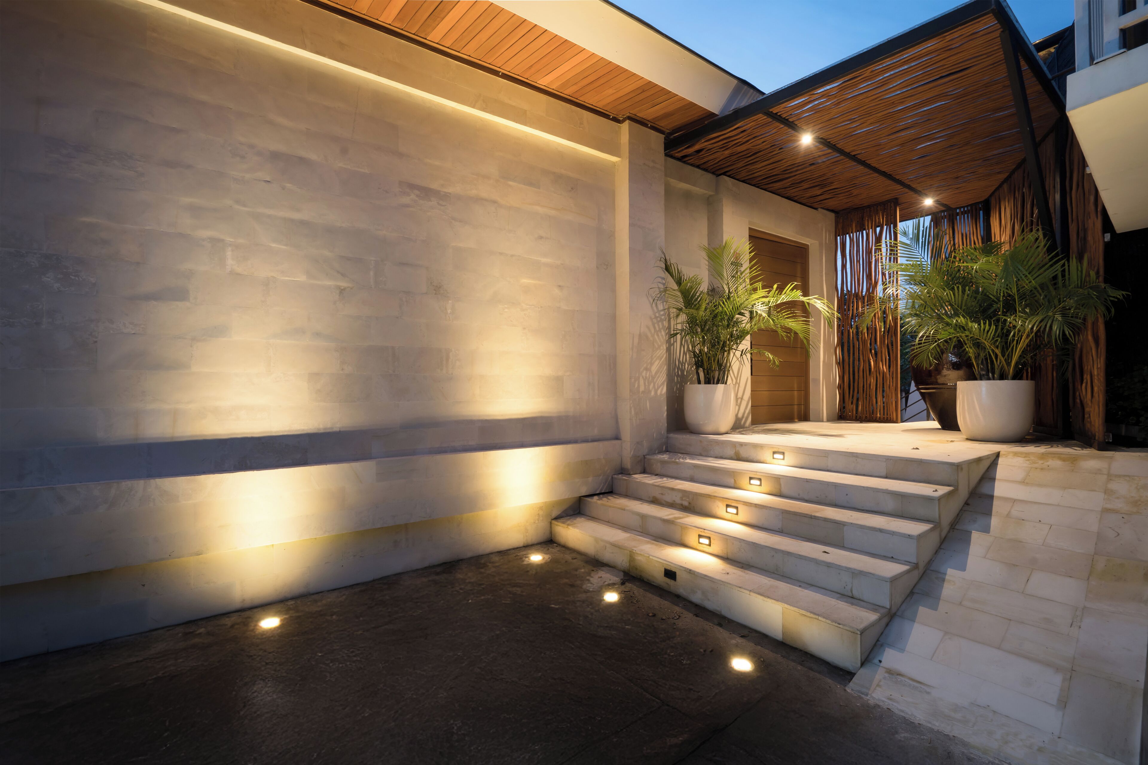 A modern building exterior with a concrete wall, wooden steps, and potted plants.