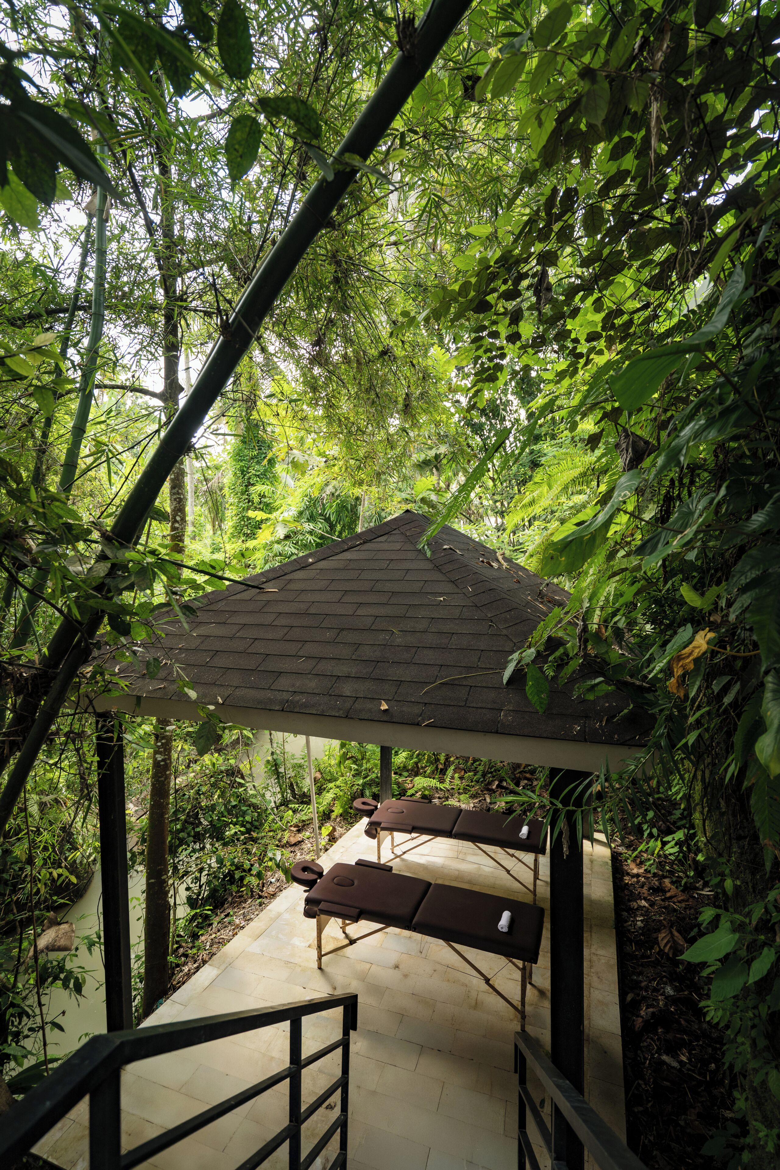 A covered outdoor seating area with benches, surrounded by dense foliage.