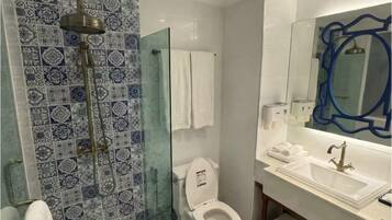 Hair dryer, towels, soap, toilet paper