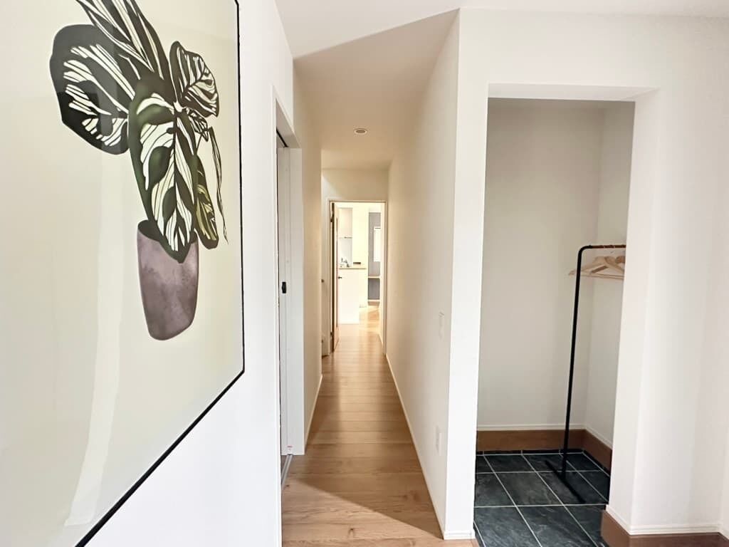 A hallway with a wooden floor, white walls, and a potted plant on the left.