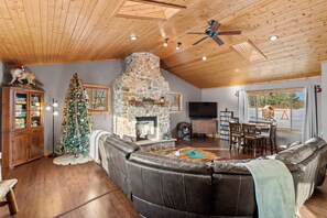 Smart TV, fireplace, video games, DVD player