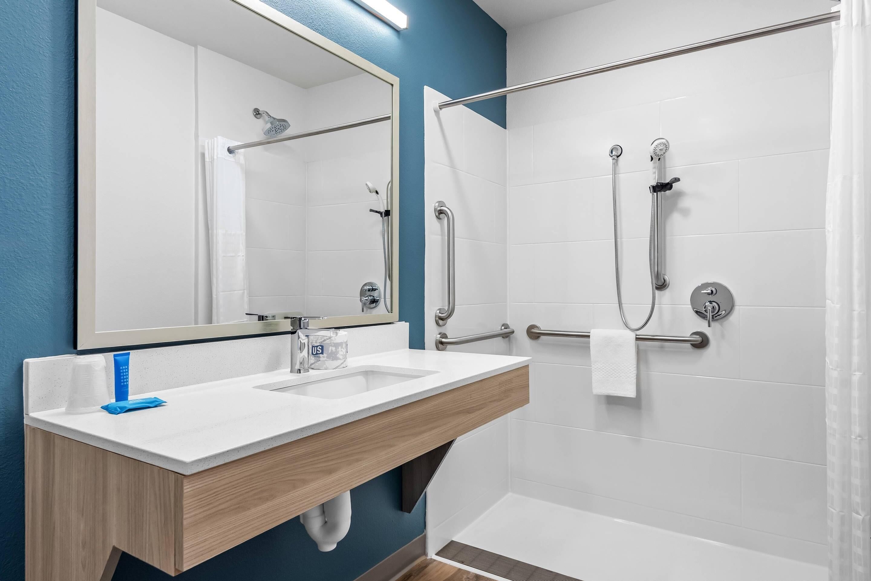 Une salle de bain avec un lavabo blanc, un miroir et une douche équipée de barres d’appui.