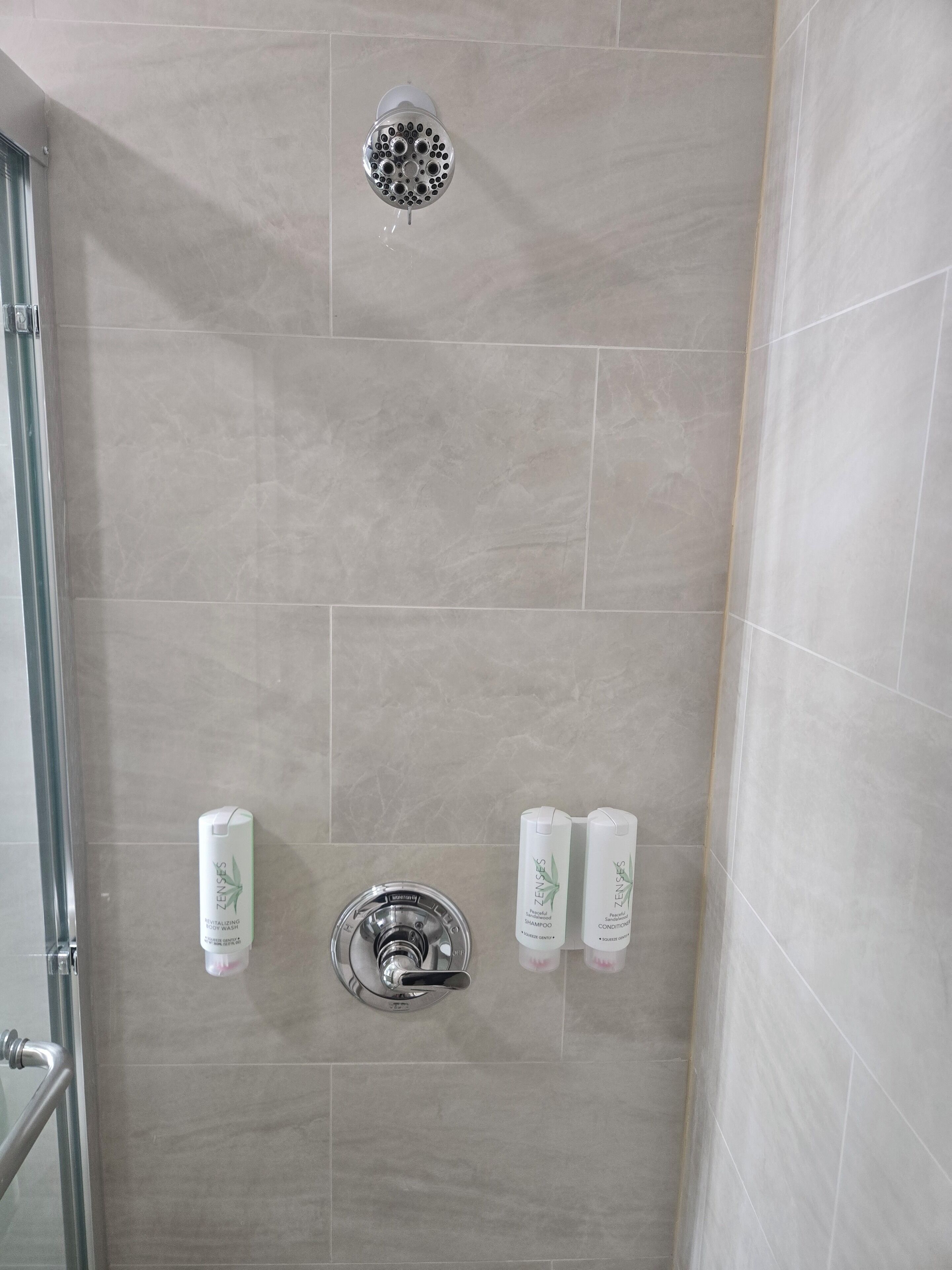 A shower with a rain showerhead, a handheld showerhead, and three bottles of Zenses body wash and shampoo.