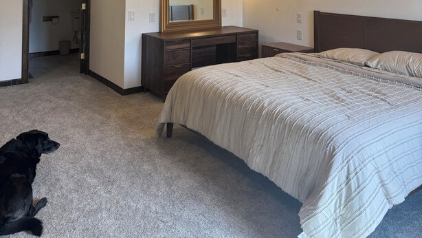 A bedroom with a large bed, a dresser, a mirror, and a dog. - The Lava White House - Sleeps 50+ (Lava Hot Springs)