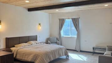 A bedroom with a large bed, a chair, a small table, and a dog lying on the floor.