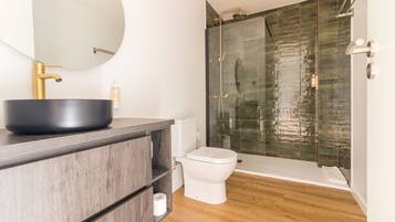 Hair dryer, towels, soap, toilet paper