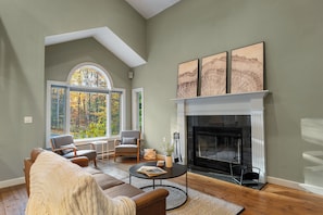 Relax in front of the wood burning fireplace - Private Wooded Retreat w/ Hot Tub • Dog Friendly (Egg Harbor)