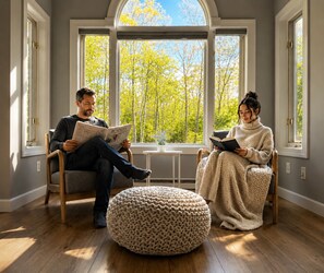 A room with large windows, a round ottoman, and two people reading. - Private Wooded Retreat w/ Hot Tub • Dog Friendly (Egg Harbor)