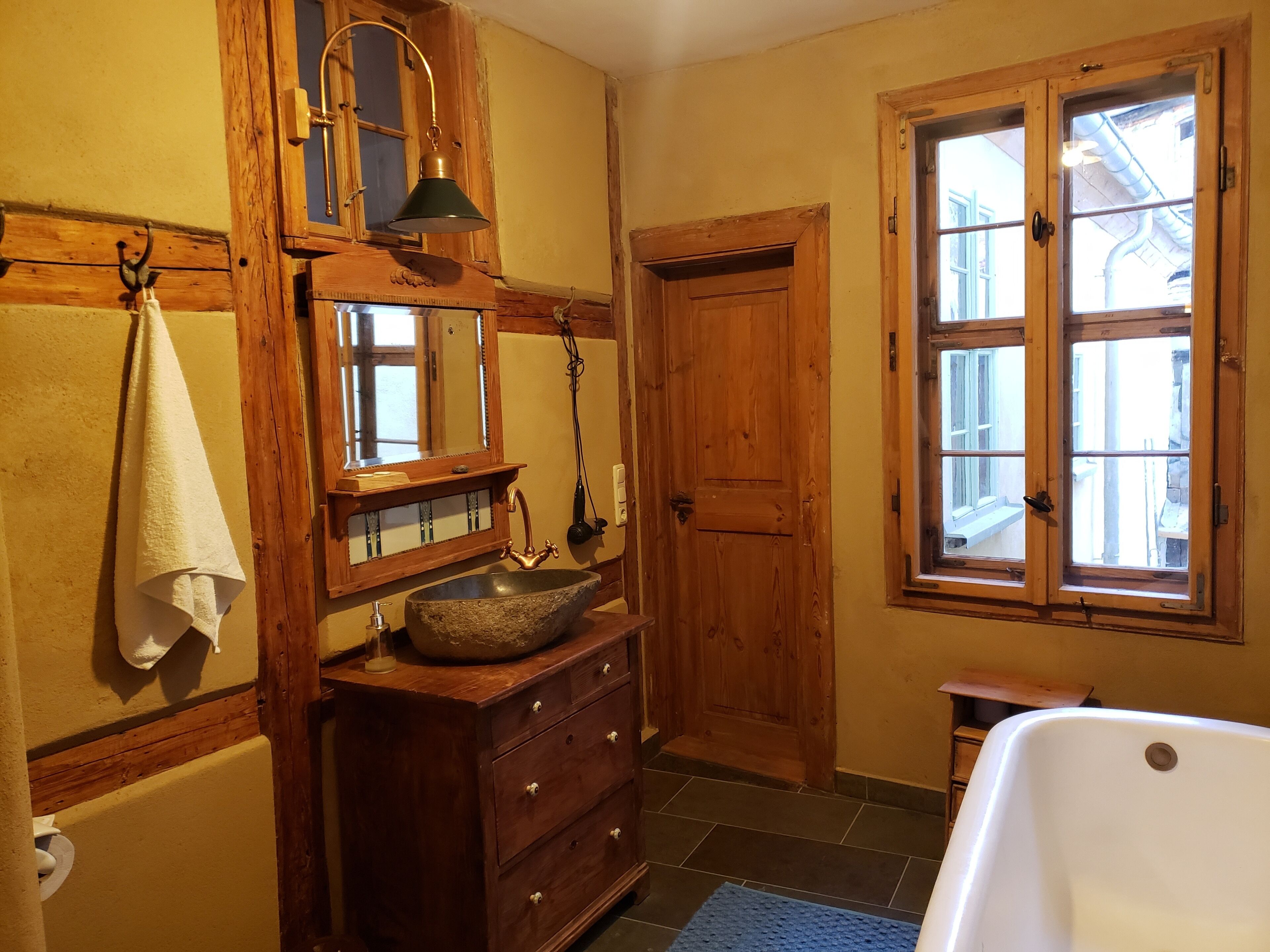 Hair dryer, towels, soap, toilet paper