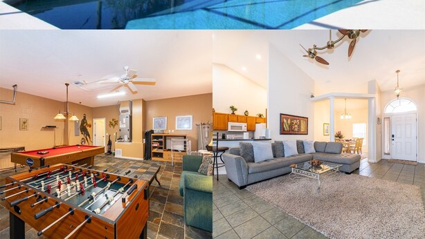 A swimming pool with a glass enclosure, a foosball table, a living room with a sofa and coffee table, and a kitchen area. - Perfect pool & spa villa near Disney World (Davenport)