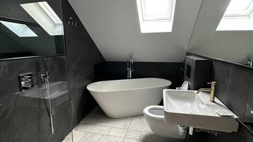 Hair dryer, towels, soap, toilet paper
